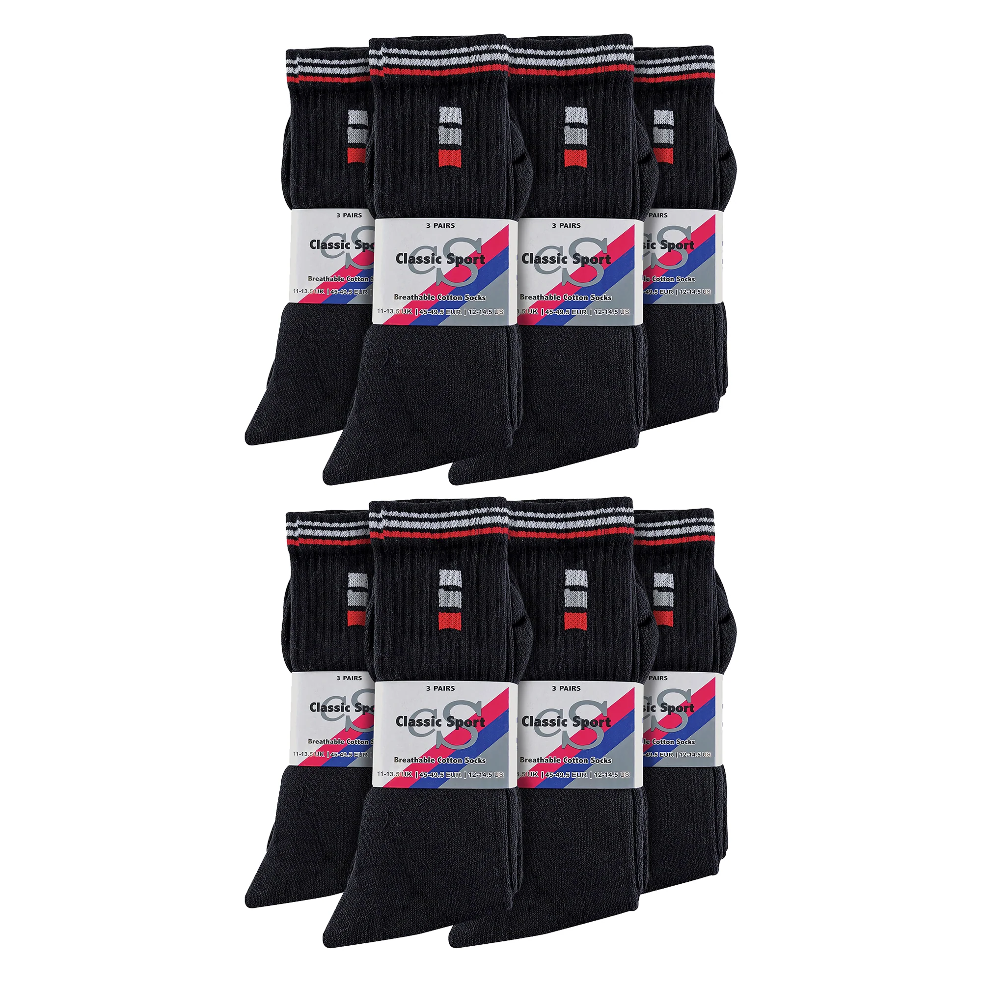 Mens Retro Stripe Cotton Sports Socks in White & Black (Multipack Options) - Image 22